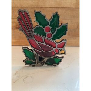 Cardinal and Holly Stain Glass Candle Holder Japan Vintage